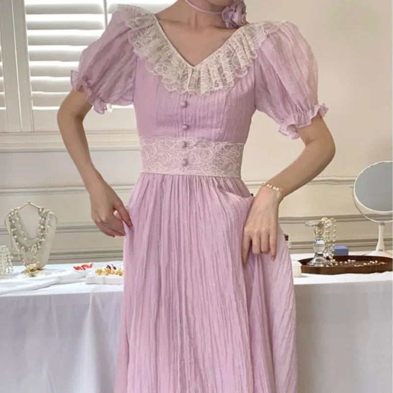 MQTIME - French Puff Sleeve Women Dress For Summer New Vintage Slim Waist Party Midi Dresses Chic V-neck Lace Lady Vestidos Robe A-line