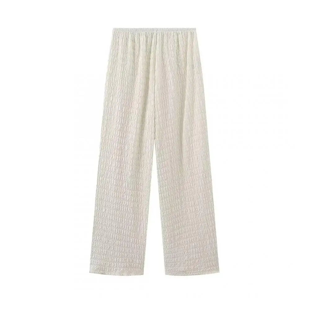 nvxiot - Woman Knitted Wide Leg Pants Set Asymmetric Textured Crop Tops Spring Summer Solid Casual Commuting Suits 2024 Fashion Lady Wear
