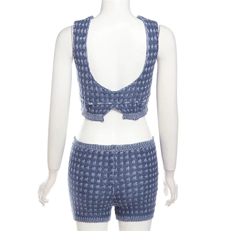 nvxiot - Women Casual Knit 2 Piece Set Hollow Out Lace Up Sleeveless Tanks Crop Top Elastic Waist Shorts Fashion Streetwear Tracksuits