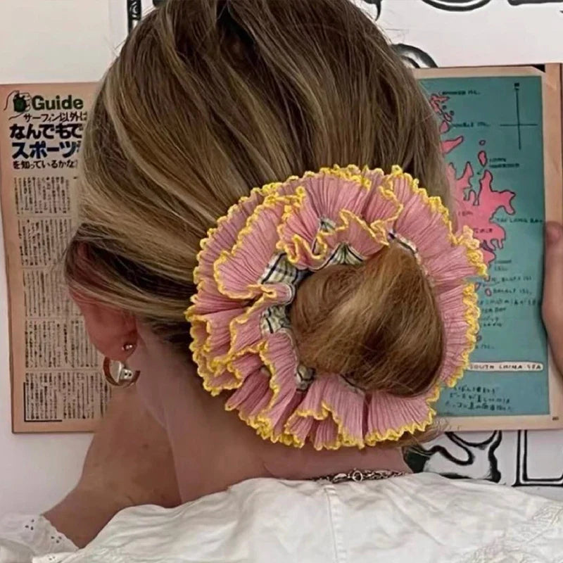 nvxiot - Retro Korean Flower Lace Scrunchies Four Layer Women Girls Exquisite Elastics Plaid Large Intestine Hair Holder Sweet INS Access