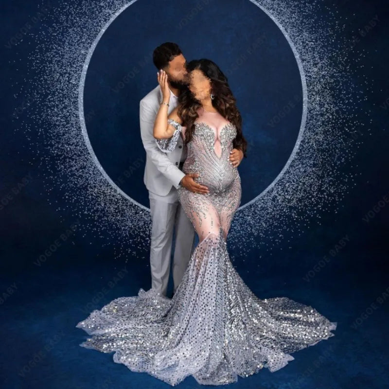 nvxiot - Sequin Maternity Photography Dress Glittering Rhinestones Dress Maternity Baby Shower Robe Pregnant Wedding Dress Photo Shoot
