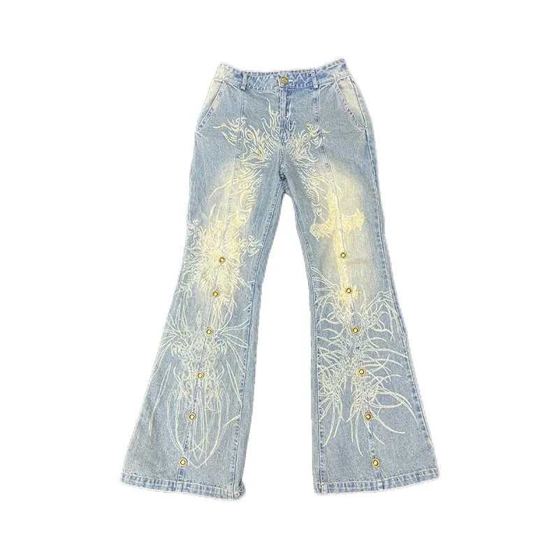 nvxiot - Grunge Tattoo Print Jeans Vintage Distressed Flare Jeans Japanese Y2k Laser Denim Pants Boyfriend Mopping Jeans Harajuku