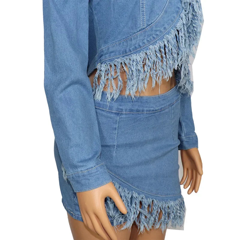 nvxiot - Jeans Tassel Two-piece Women's Clothing Denim Sportswear Long Sleeve Crop Top Mini Skirt Pants Suit High Quality Vestidos 2024