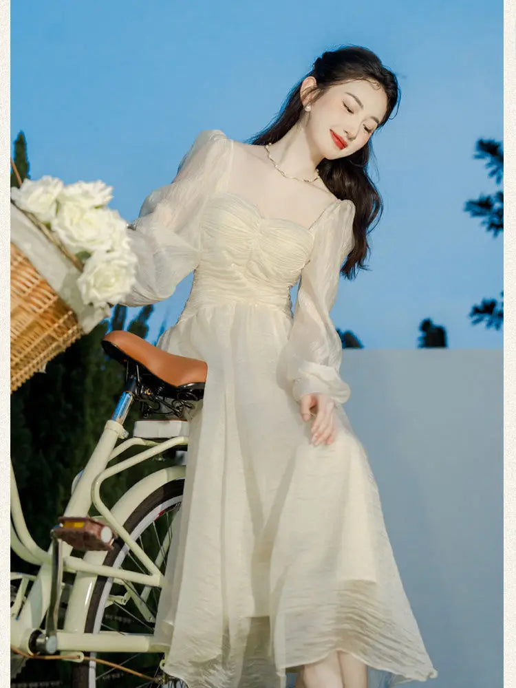 MQTIME - French Sweet High Grade Waist Slimming Bubble Sleeve Vintage Dress for Women Spring Square Neck Gentle Style A-line Long Dresses
