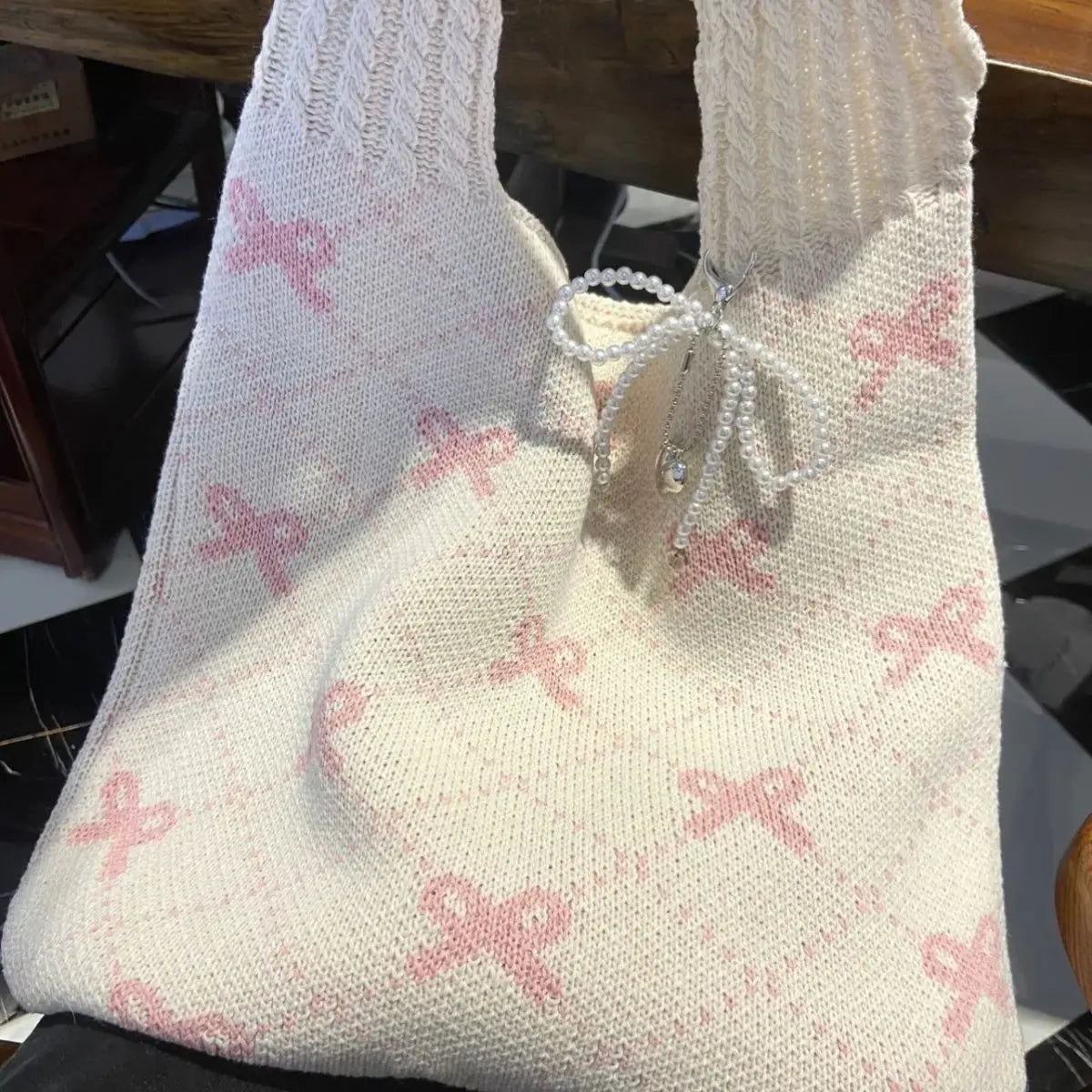 nvxiot - Harajuku Bow Knitted Bag Women Fairycore Aesthetic Large Capacity Casual Tote Bag Female Vintage Y2k Handbag Purse Chic