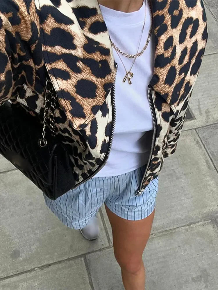 MQTIME - Women Casual Leopard Print Bomber Jacket Elegant Lapel Long Sleeves Zipper Pockets Loose Coat 2024 Autumn Lady High Streetwewar