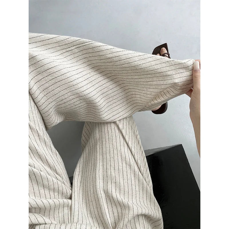 nvxiot - Stripe Linen Cotton Long Pant Women High Waist Wide Leg Pants