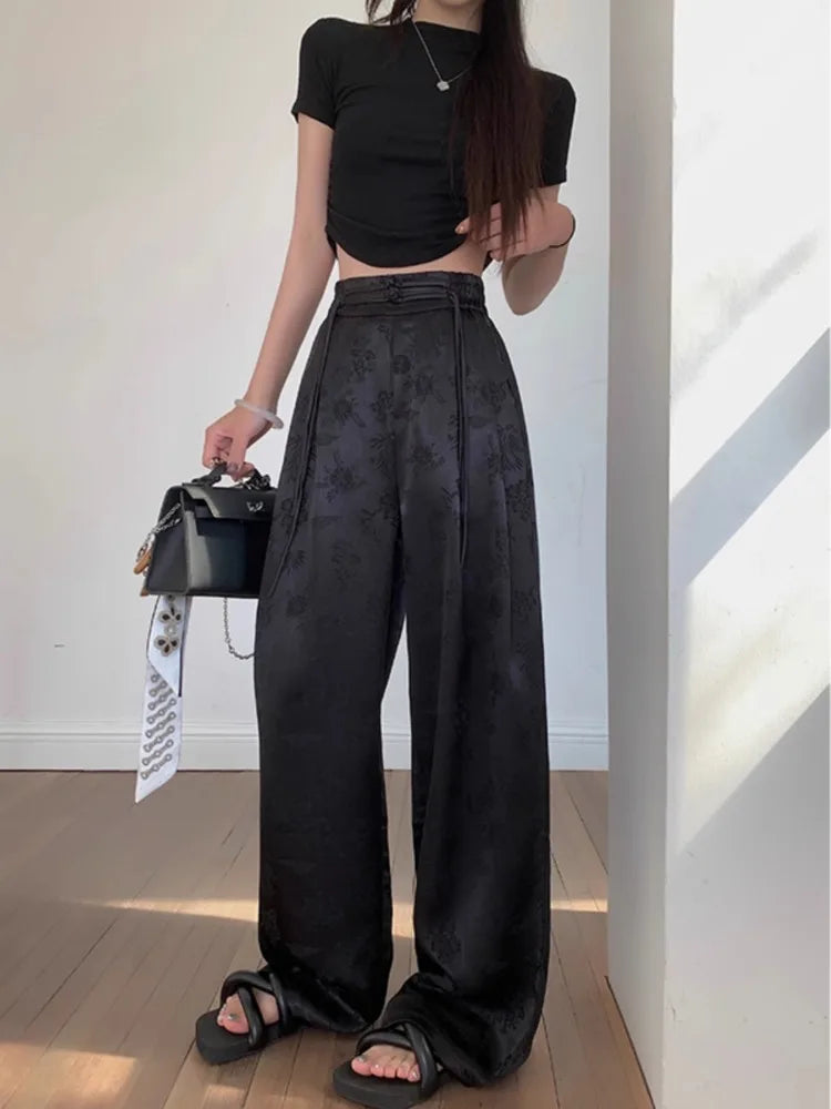 nvxiot - Satin Flower Graphic Long Pants Women Elastic High Waisted Wide Leg Pants Chinese Style Fashion Summer Loose Trousers