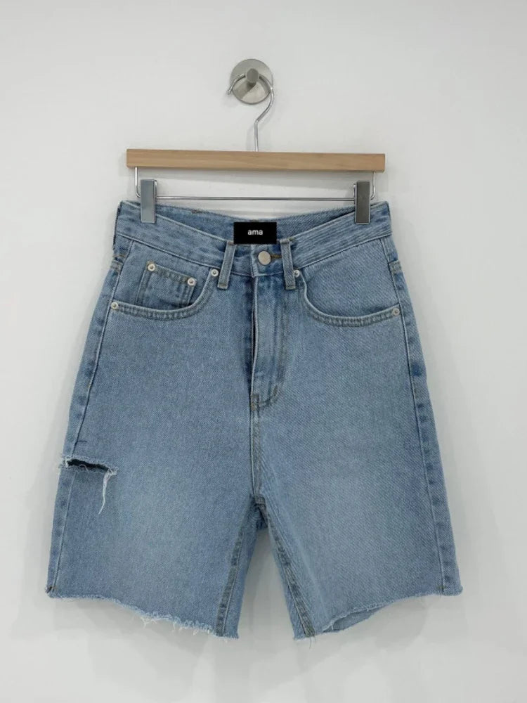 nvxiot - Women Baggy Denim Pants Summer High Waist Korean Streetwear Ripped Jeans Woman Vintage Blue Button Jeans Shorts