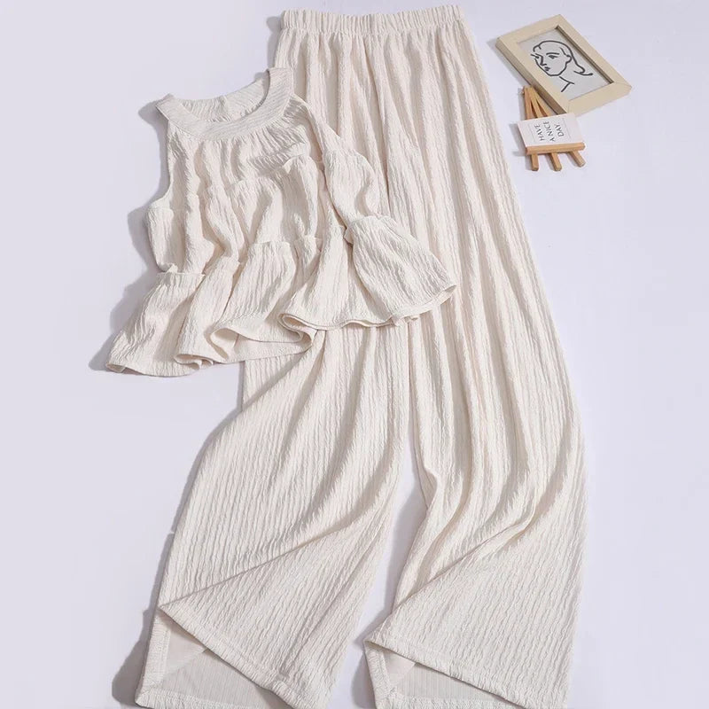 nvxiot - Summer New Sweet Ruffles O Neck Sleeveless Tops High Waist Loose Casual Straight Pants Fashion Two-piece Set for Women Outfits