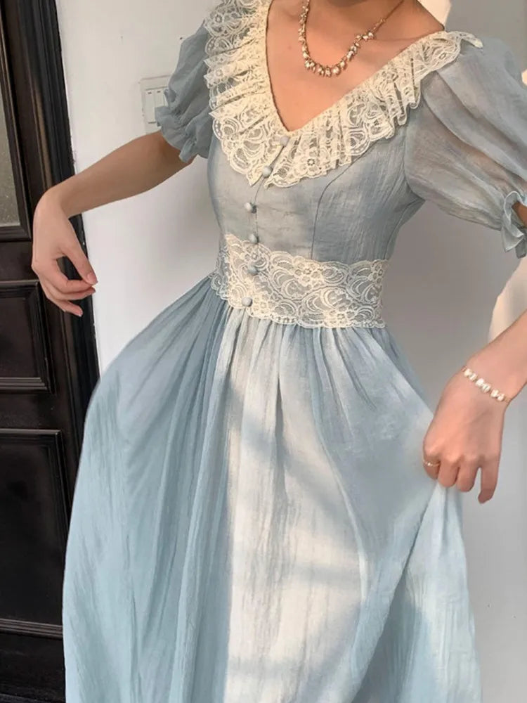 MQTIME - French Puff Sleeve Women Dress For Summer New Vintage Slim Waist Party Midi Dresses Chic V-neck Lace Lady Vestidos Robe A-line