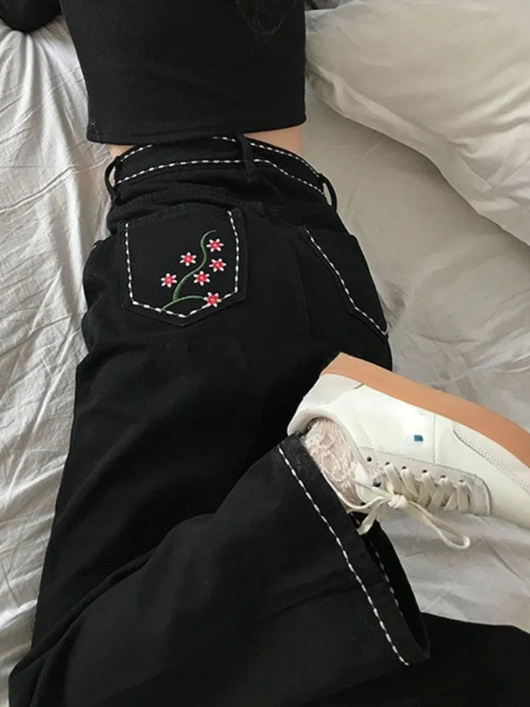nvxiot - Flower Embroidery Vintage Streetwear Jeans Women Pockets Korean Fashion Denim Pants Female High Waist Sweet Casual Pants