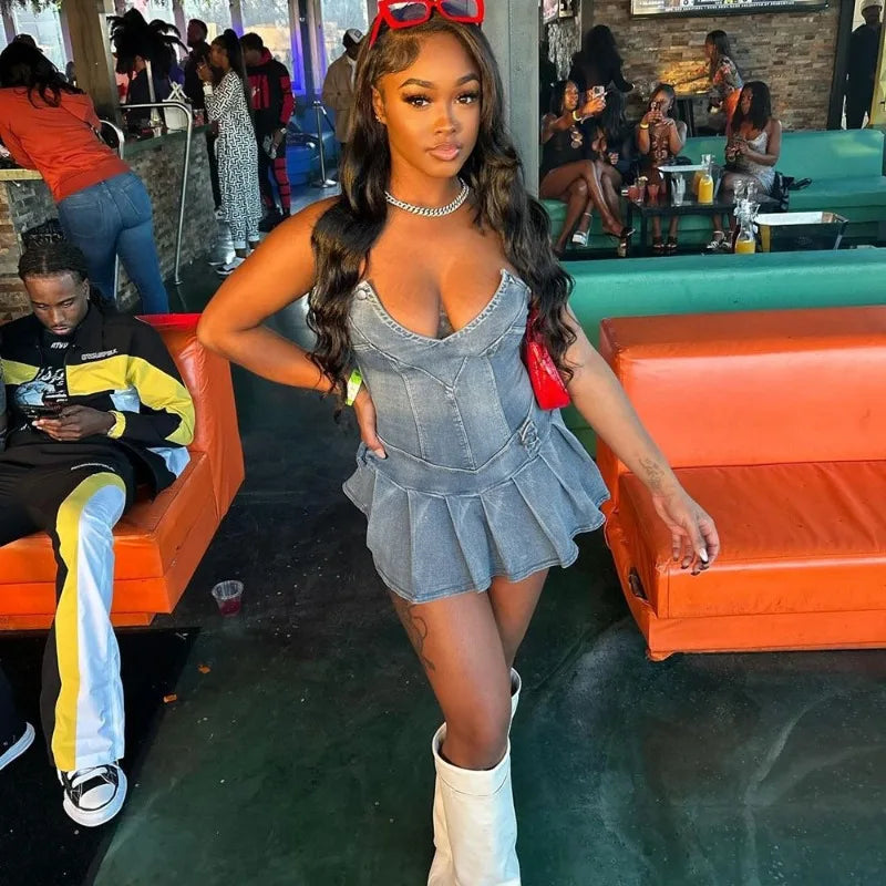 nvxiot - Women Fashion Sexy Denim Mini Pleated Dress V-neck Strapless Elastic Zip-up Backless Fit Flare Jeans Casual Summer Dresses