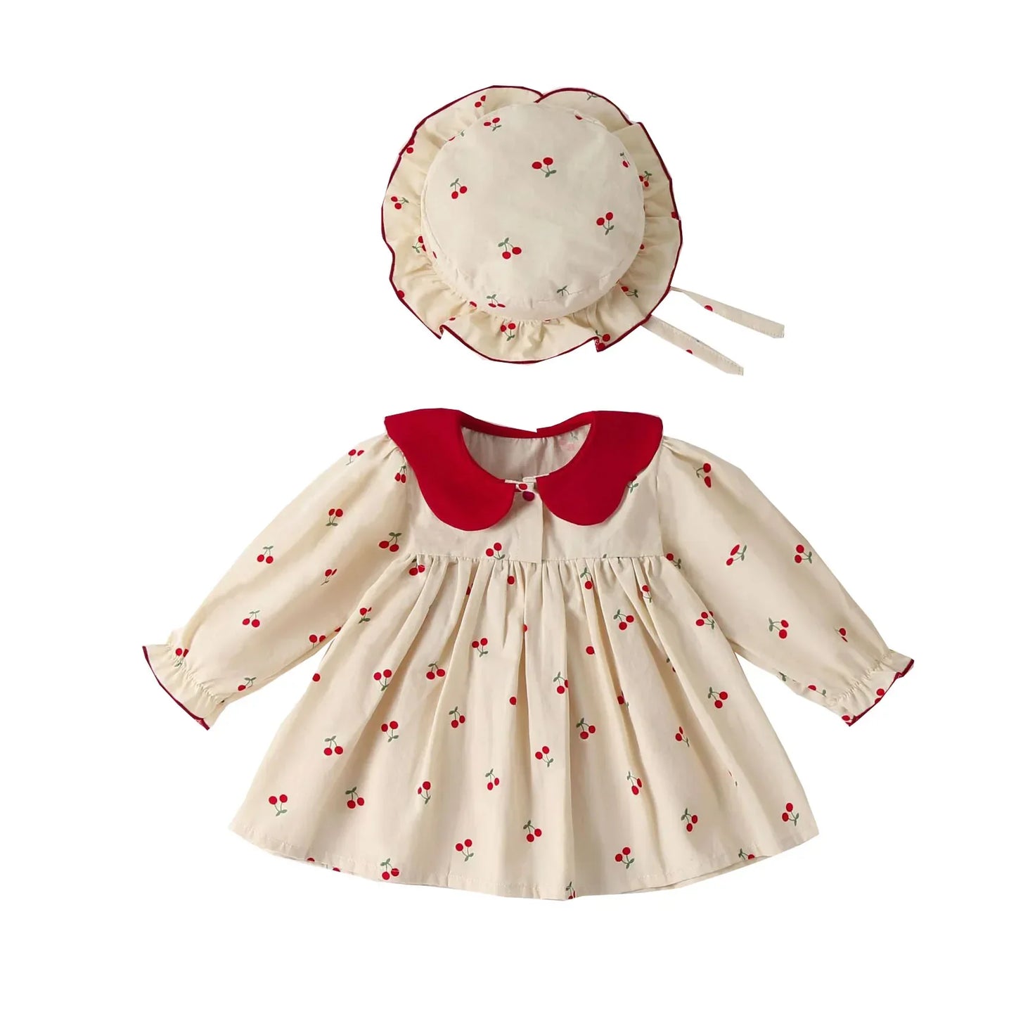 MQTIME - 0-2Y Baby Girls Clothes Full Of Cherry Print Baby Dress Long Sleeve Cherry Dresses Runched Dress with Hat