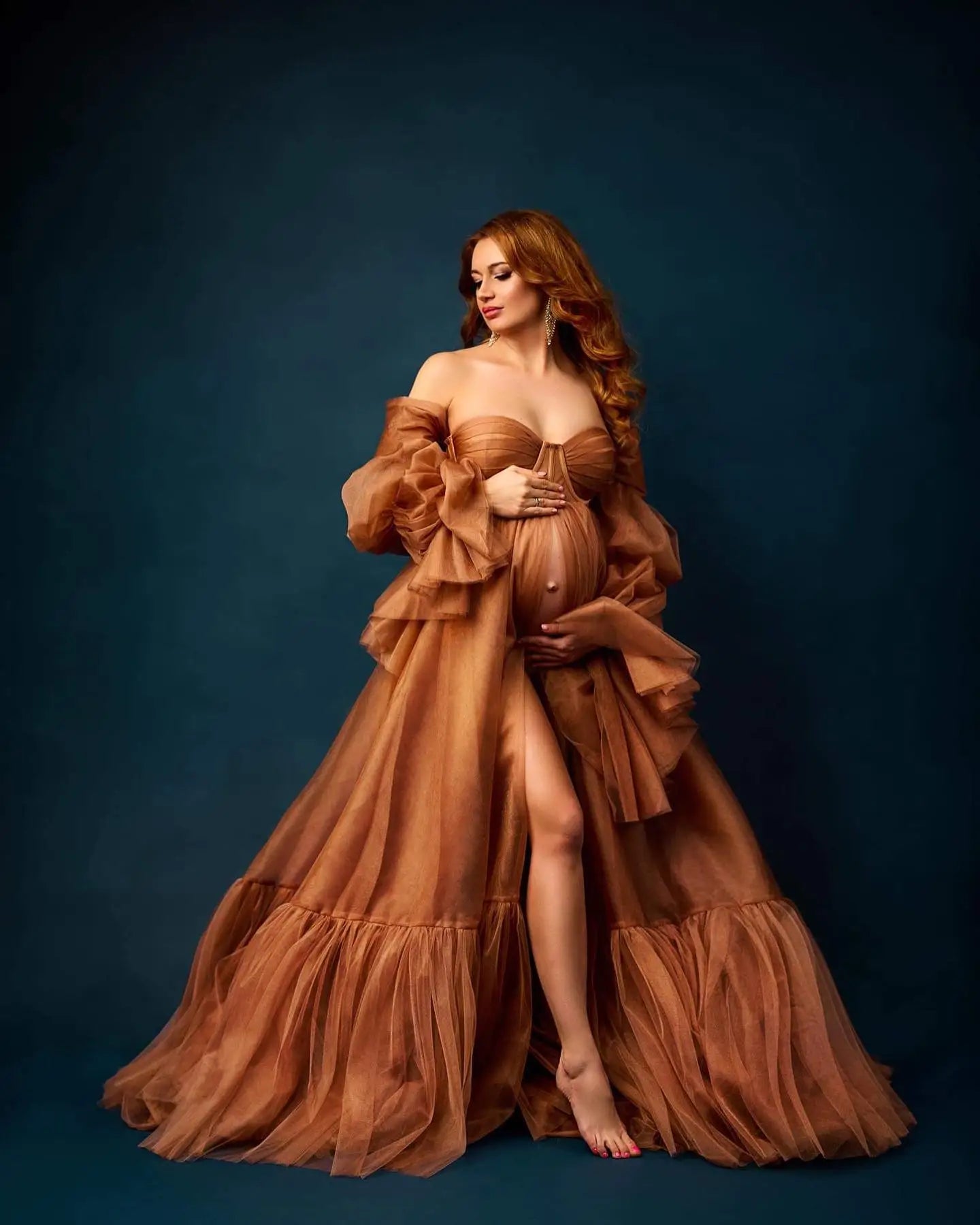 nvxiot - Vintage Brass Tulle Open Front Pregnant Women's Photography Dress with Puff Sleeves Off Shoulder Maternity Gown for Photoshoot