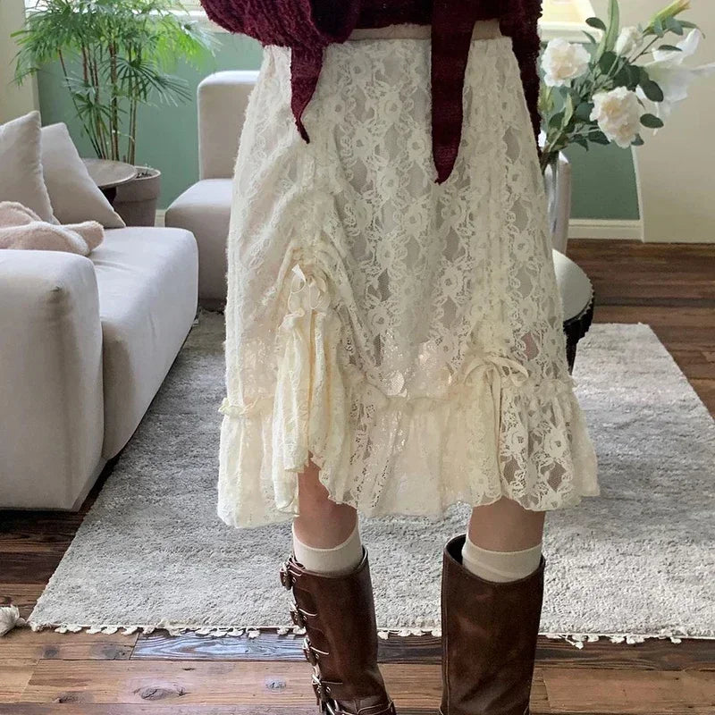 MQTIME - Y2K Beige Fairycore Asymmetrical Lace Trim Shirring Skirts Tie Bow Women @E-girl 2000s Grunge Aesthetics Korean Cloth Harajuku