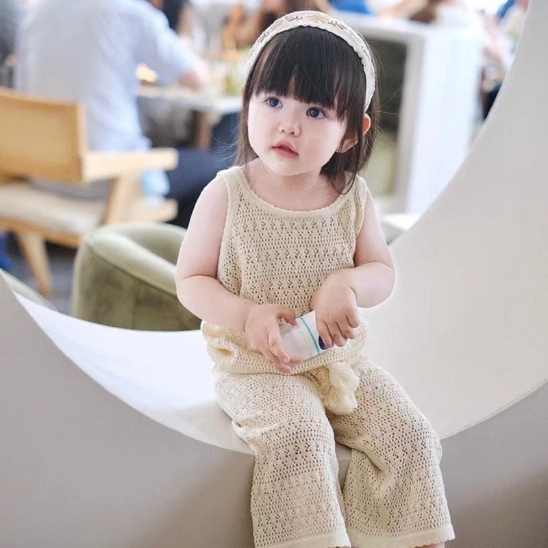 nvxiot Summer Baby Clothes Fashion Hollow Lace Design Knit Sleeveless Pullovers Top Vest Tassel Elastic Wide Leg Pants Kids Clothing