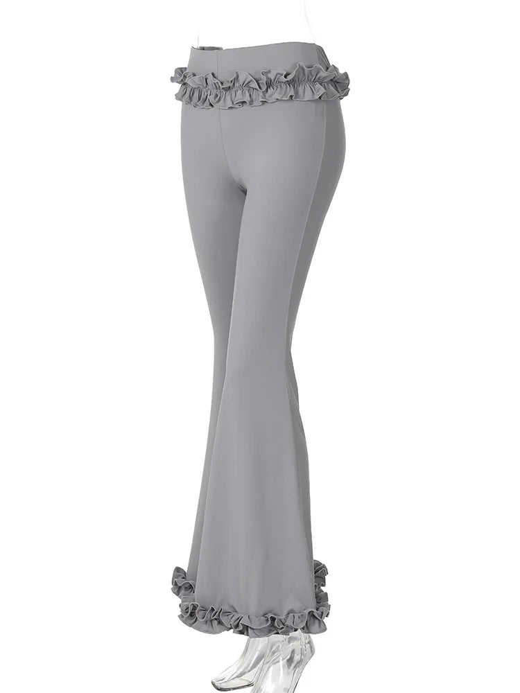 nvxiot - Women Ruffles Slim Flare Pants Elastic Waist Fashion All Match Boot Cut Trousers Summer Casual Streetwear Bottoms