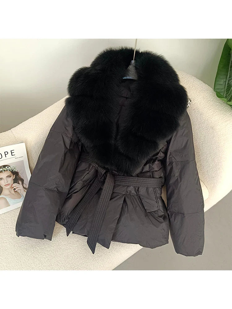 MQTIME - 2024 Autumn Winter Women 90% White Duck Down Jacket Fox Fur Coat Parkas Feather Short Puffer Coat