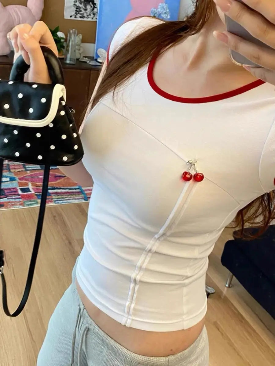 MQTIME - Cherry Pendant Bodycon Skinny Crop Top Short Sleeve T-Shirt TShirt Cropped harajuku fairycore 2000s y2k grunge korean cloth cute