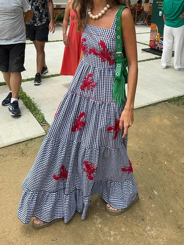 nvxiot Hanging Strap Printed Large Hem Long Dress Lady Casual Off Shoulder Sleeveless Plaid Robe Women Vacation Beach Vestidos
