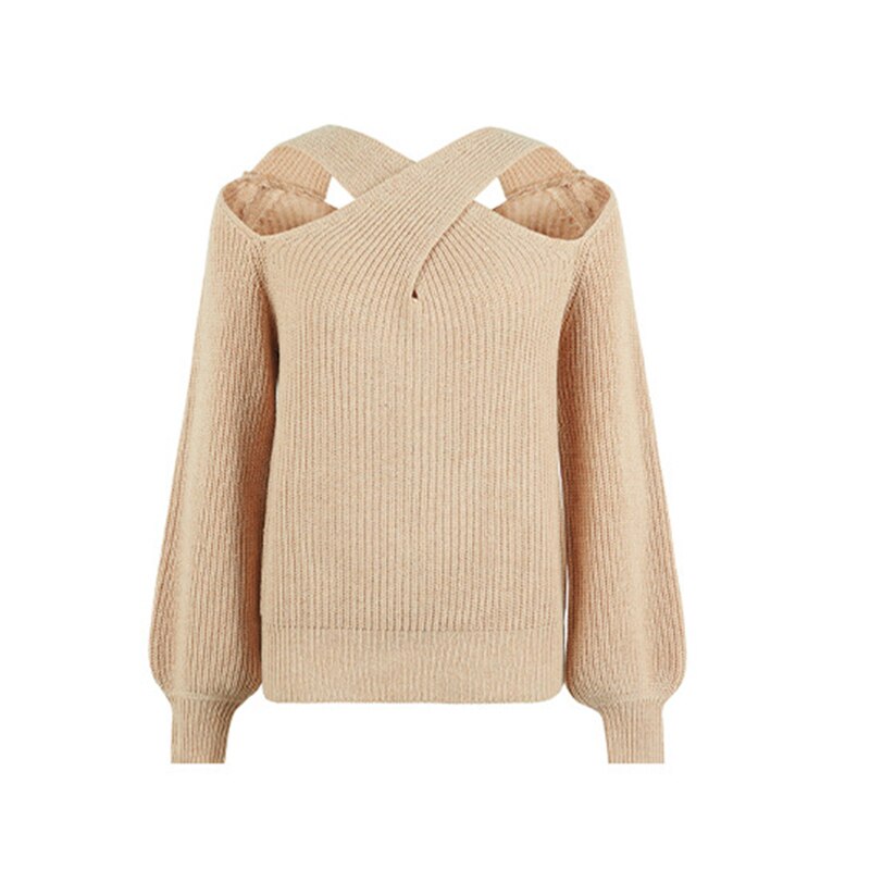 nvxiot Cold Shoulder Autumn Halter Women Lantern Sleeve Sexy Pull Female Beige Winter Casual Knitted Sweater New Dropshipping