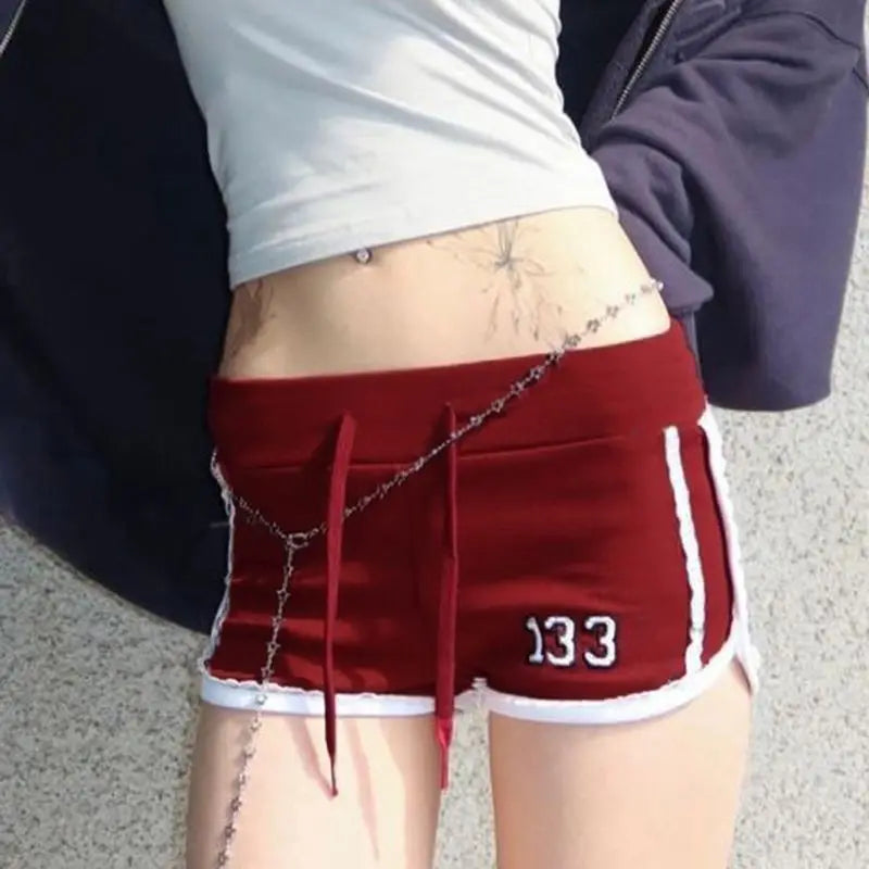 nvxiot - Sports Spicy Girl Lace Contrast Shorts Women Clothing Summer New Fashion Low Waist Tight Red Retro American Versatile Hot Pants