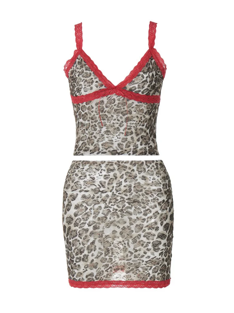 MQTIME - Leopard Lace Spliced Mini Skirt Set Women V-Neck Tank Top Crop Slim Short Skirt Suit Hottie Y2K Outfit Streetwear 2024