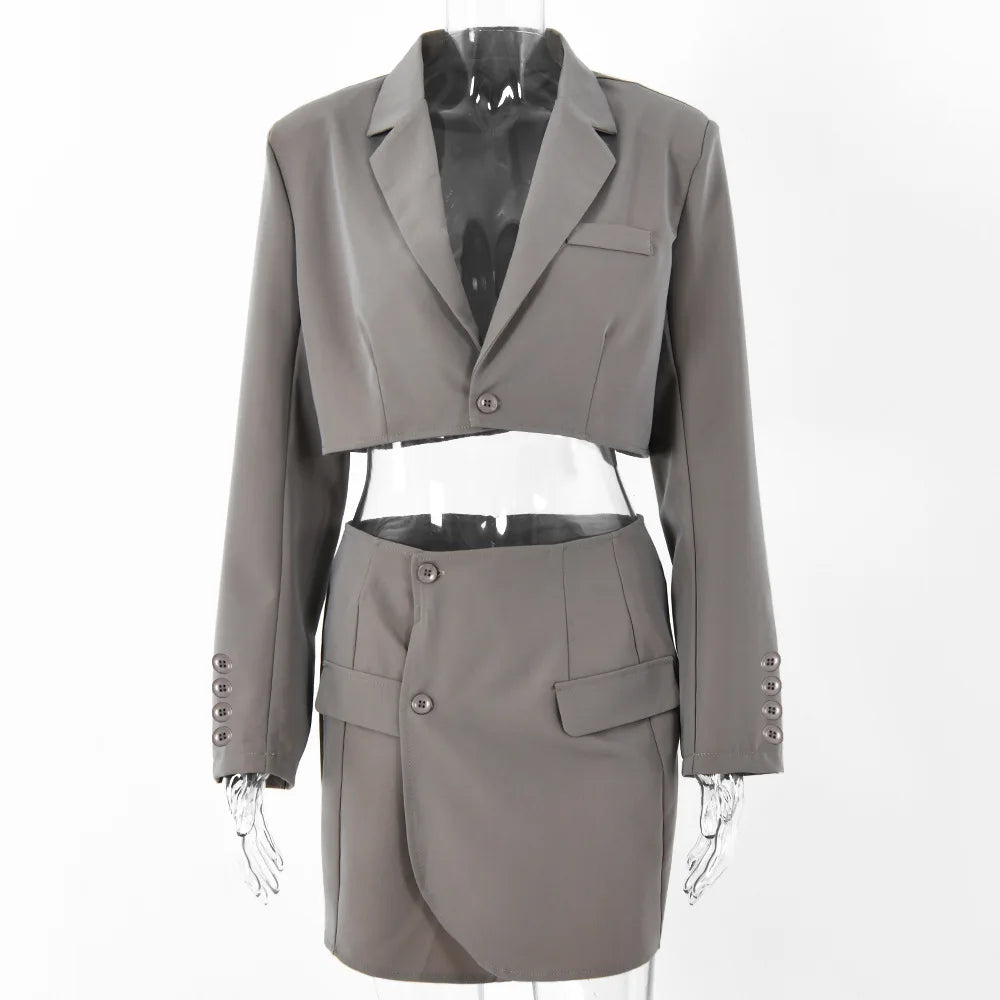 MQTIME - New Fashion Women Elegant Cottagecore Blazers Solid Colors Single Button Long Sleeve Short Blazers Sexy Mini Skirts Indie