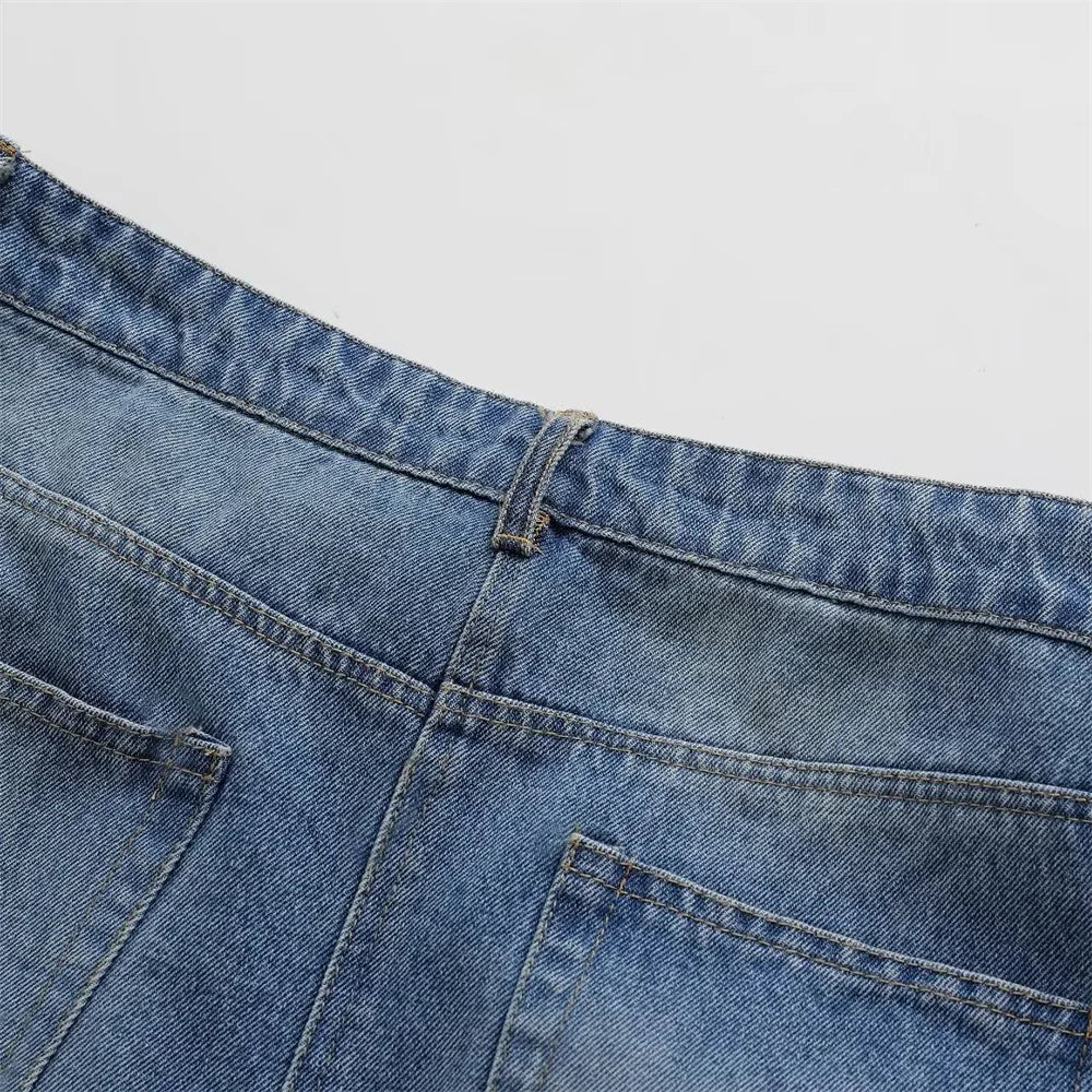 MQTIME - 2024 Summer New Product Women's Mid Waist Oblique Waist Decorated with Strap Short Skirt Denim Mini Skirt