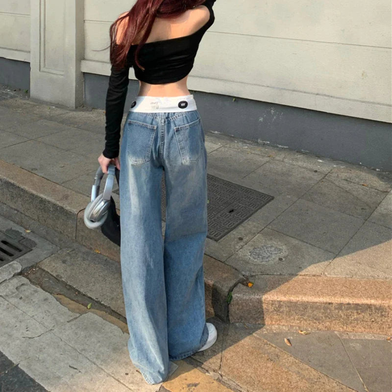 nvxiot Korean Letter Printed Loose Y2K Casual Jeans Women Spring New High Waist Flap Fashion All-match Wide Leg Pants