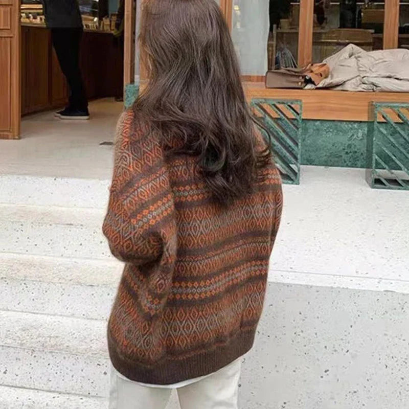 nvxiot Women Sweater autumn vintage diamond check crew neck Knitwear design sense loose top coat winter women wool warm V-neck cardigan