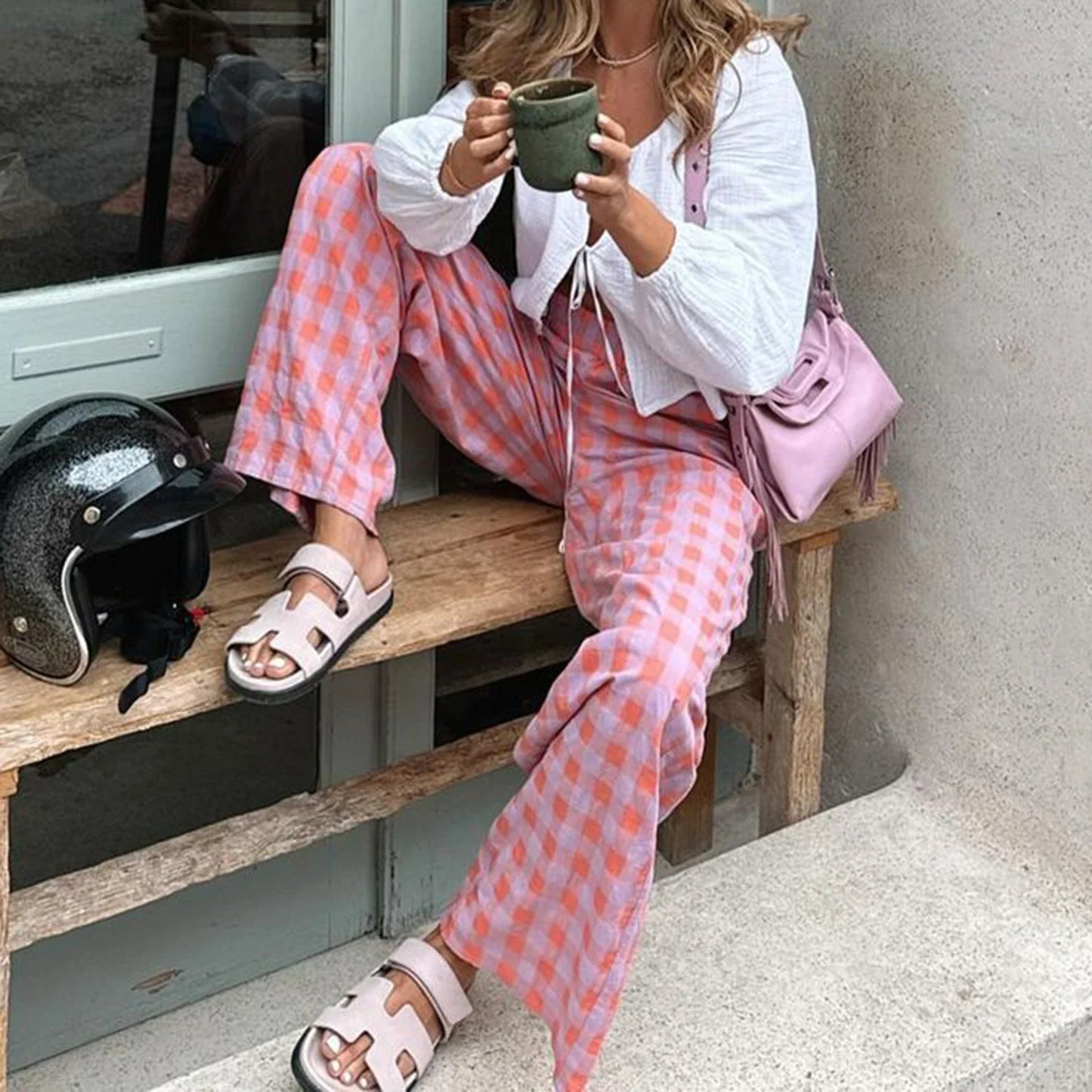 nvxiot - Y2K Womens Plaid Print Pants Vintage Elastic High Waist Wide Leg Loose Fit Trousers Casual Pull On Long Pants Streetwear
