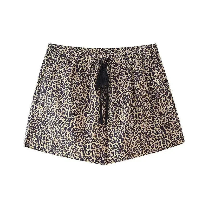 MQTIME - Leopard Print Shirts Shorts Sets Women 2024 Summer Single Breasted Lapel Short Sleeve Shirt Wide Leg Drawstring Shorts Outfits
