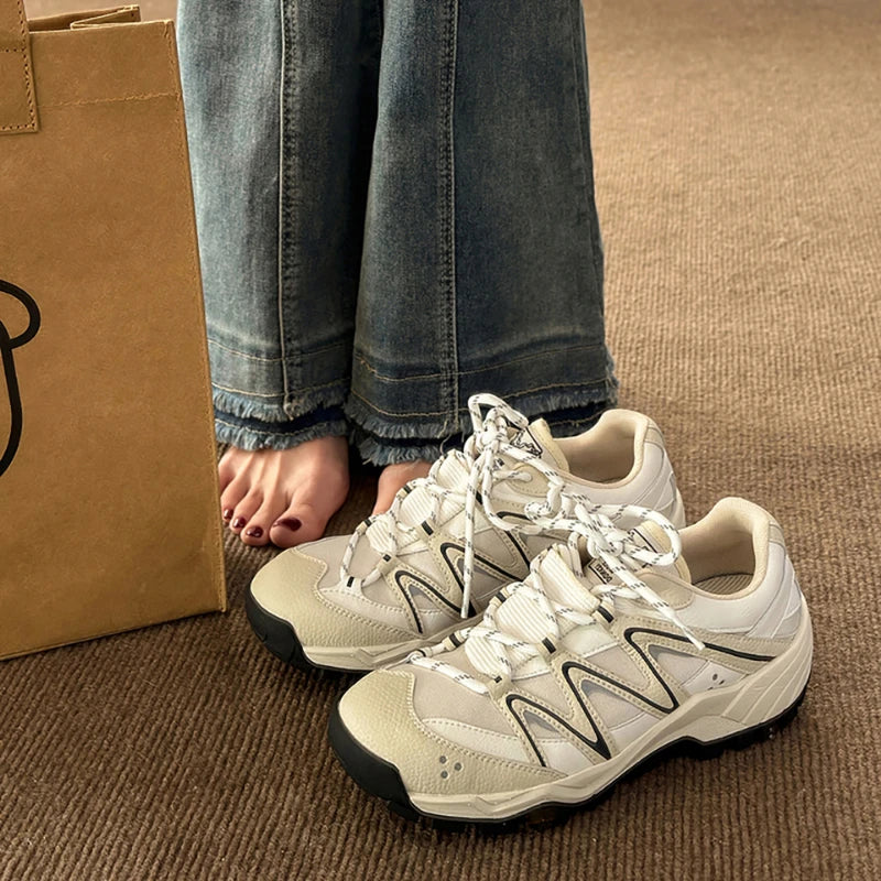 MQTIME - Female Spring Autumn Grey Thick Sole Dad Shoes Round Toe Versatile Student Sports Shoes Lace Up Casual Plush Winter Boot