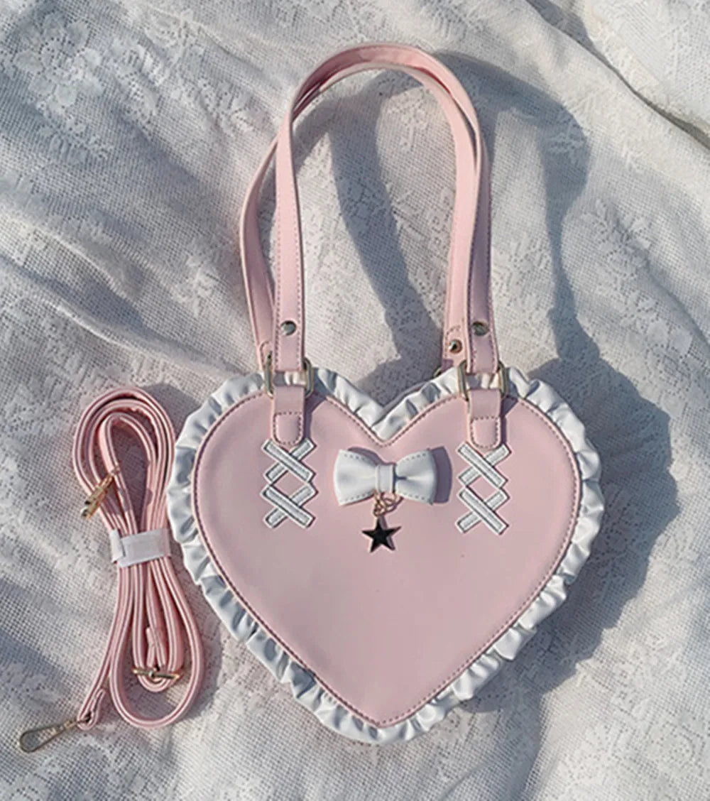 MQTIME - Lolita Kawaii Love Bow Knot Heart Purses Handbags Women Lolita Shoulder Bag Stitching Color Leather Japanese Handbag New