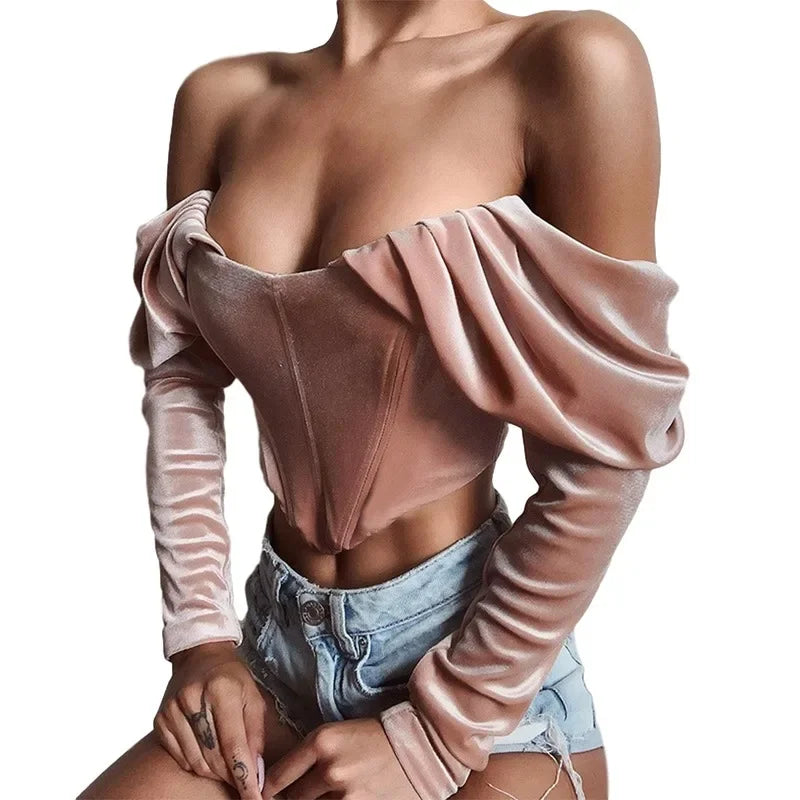 MQTIME - Pink Off Shoulder T-shirt Sexy Backless Tube Top Cropped Tops 2024 Fall Women Korean Y2k Indie Vacation Casual Party Clubwear