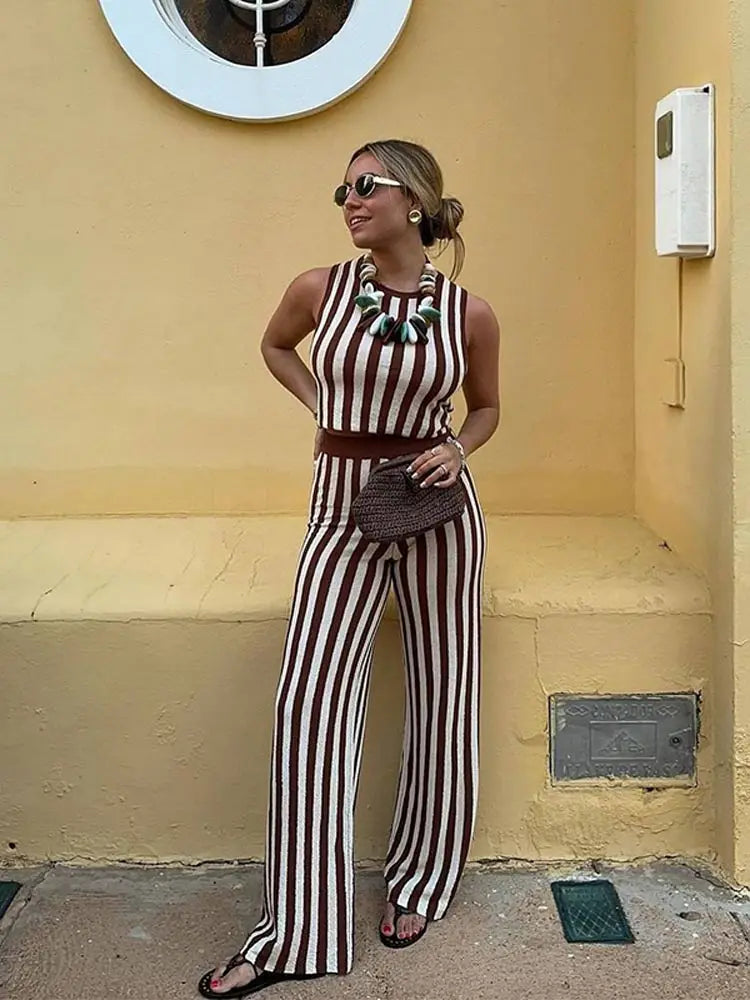 MQTIME - Fashion Striped Printed Sleeveless Women Tops Suits Casual O Neck Straight Pants Sets 2024 New Chic Female Office Outfits