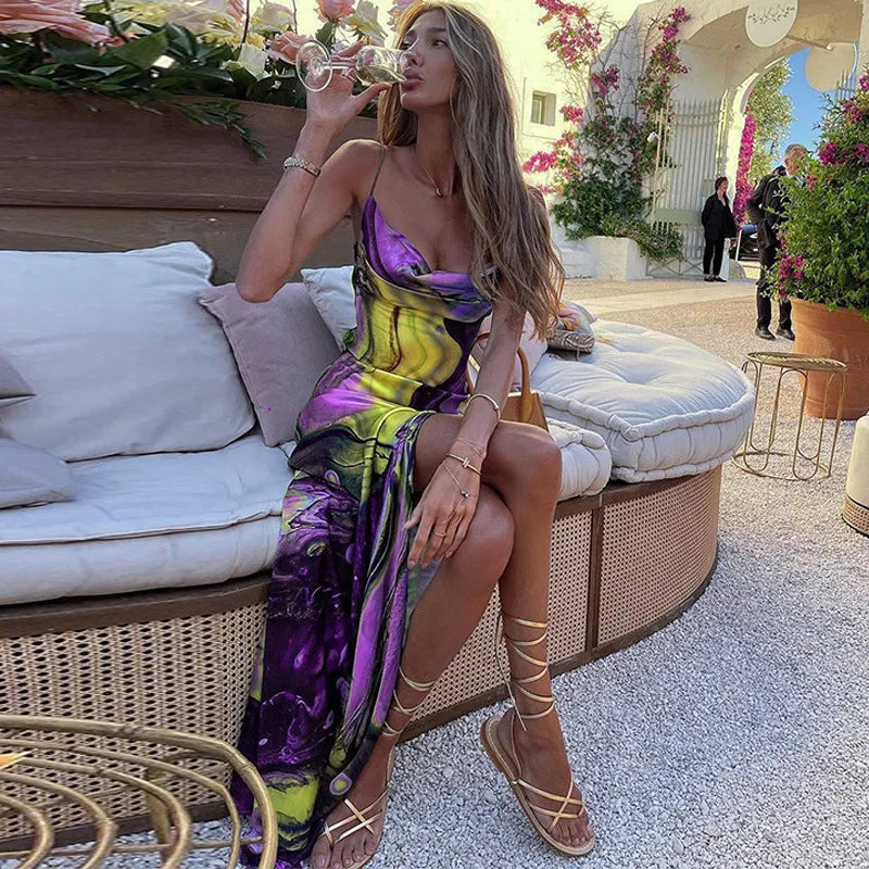 nvxiot - The New 2024 Summer Fashion Print Slim-fit Split Halter Top Strapless Dress Beach Style For Club For Party