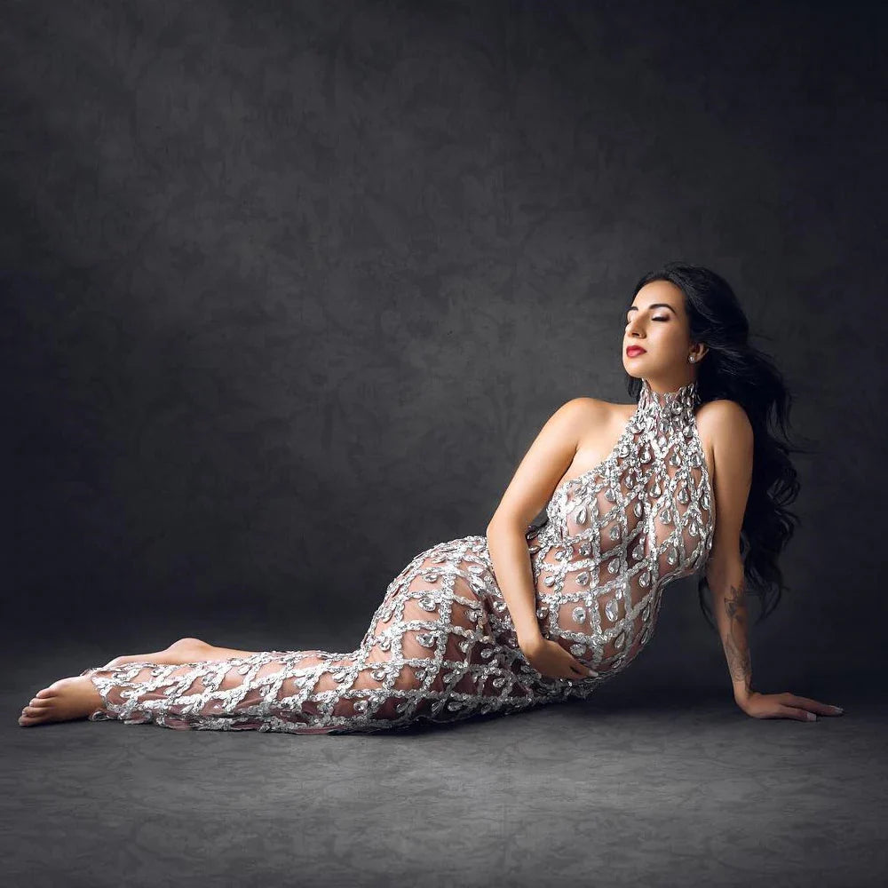 MQTIME - Embellished Maternity dress for pregnancy photoshoot Sexy sparkling Rhinestone Ladies evening sleeveless Dresses