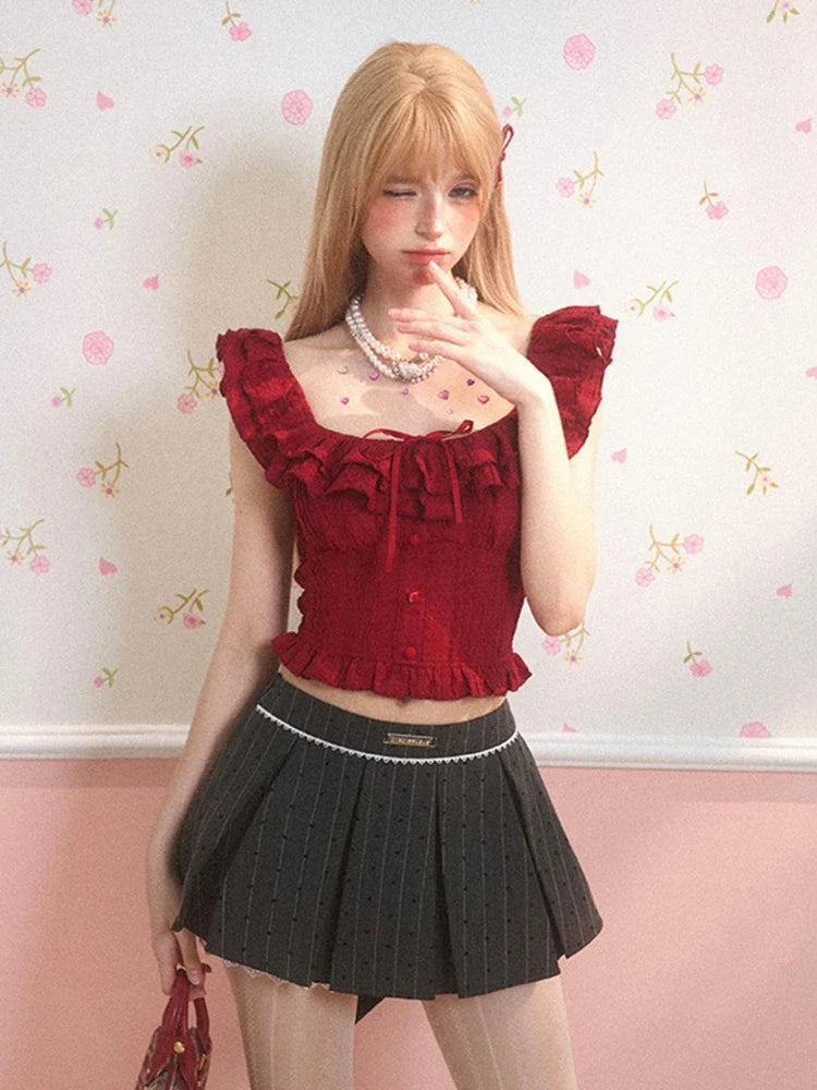 MQTIME - Red Flying Sleeve T-shirts for Women Ruffled Off Shoulder Crop Top Korean Style Summer Fashion Y2k Bodycon Slim Clothes