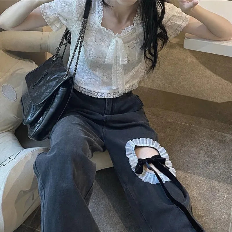 nvxiot Ripped jeans women's high waist wide leg pants summer new design sense bow Spice girl straight casual floor moping pants