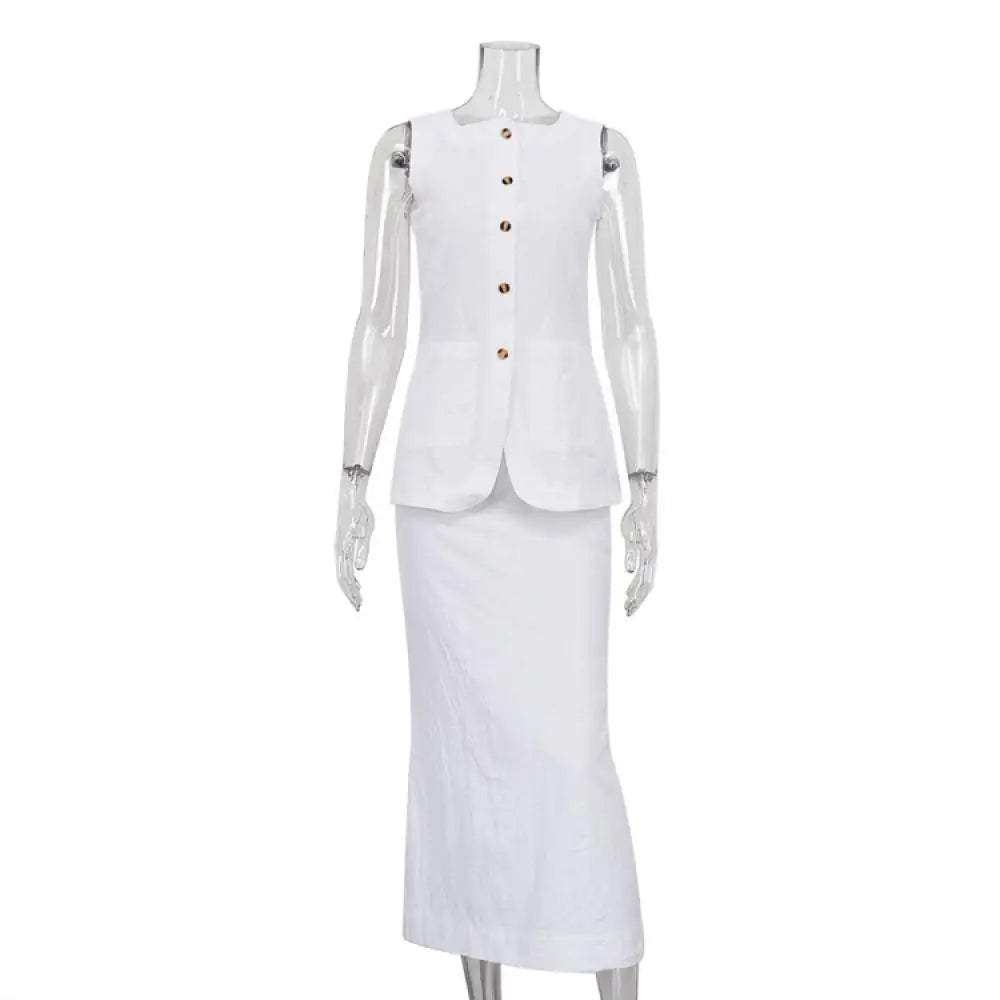 MQTIME - Women Vintage Buttons Vest Set Fashion Sleeveless Square Collar Waistcoat Blouse White High Waisted Skirt Commuting Work Clothes