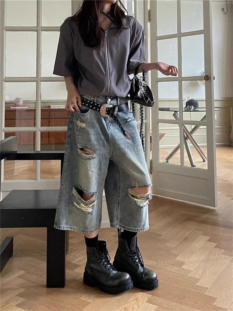 nvxiot - Women's High Waisted Hole Wide Leg Cropped Jeans Summer New Street Style Thin Denim Shorts Casual Female Straight 5/4 Hot Pants