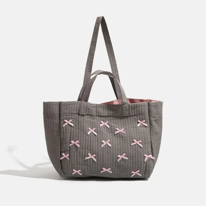 nvxiot - Large Capacity Grey Tote Bag Women Harajuku Bow Chic Canvas Handbag Messenger Bag Ladies Casual Crossbody Bags Aesthetic