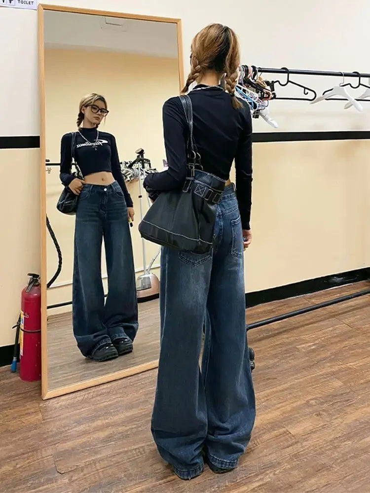 nvxiot - Vintage Blue Jeans Women Streetwear Casual Baggy Pants Wide Leg Korean Fashion Basic Denim Trousers High Street