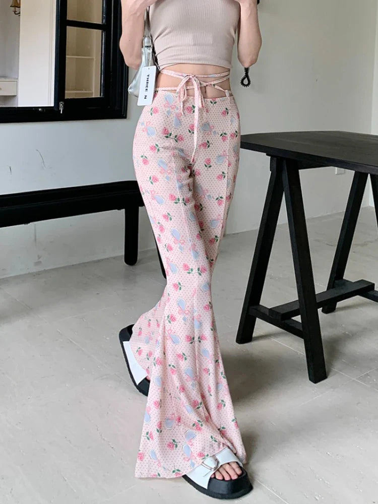 nvxiot - 2024 New Summer Y2k Style Long Pants for Women Spicy Girls Flower Printed Pink Trouses Chic High Waist Slim Flare Pantalones