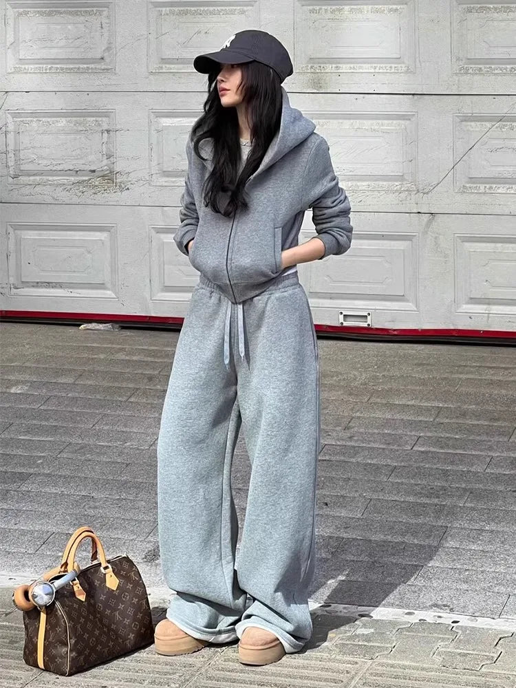 MQTIME - American Casual Sportswear Set, Women'S Autumn And Winter Gray Student Hoodie, Wide Leg Pants Two-Piece Set