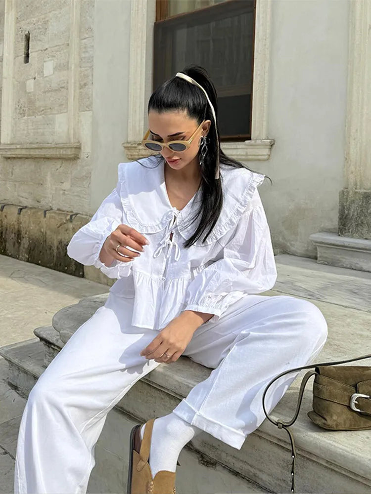 MQTIME - New Chic Lace Up Blouse for Women 2024 Spring Summer Fashion Lantern Long Sleeve O Neck Shirts Female Cropped Tops Streetwear