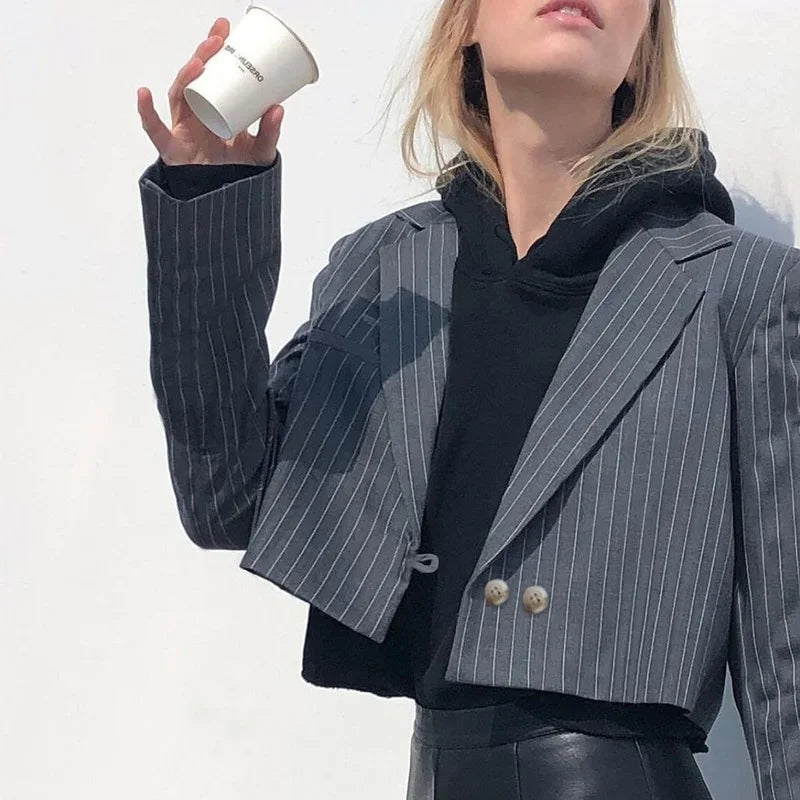 MQTIME - Fashion Ladies Long Sleeve Striped Double Button Elegant Office Ladies Cutaway Fashion Crop Top Women's Ulzzang All-match